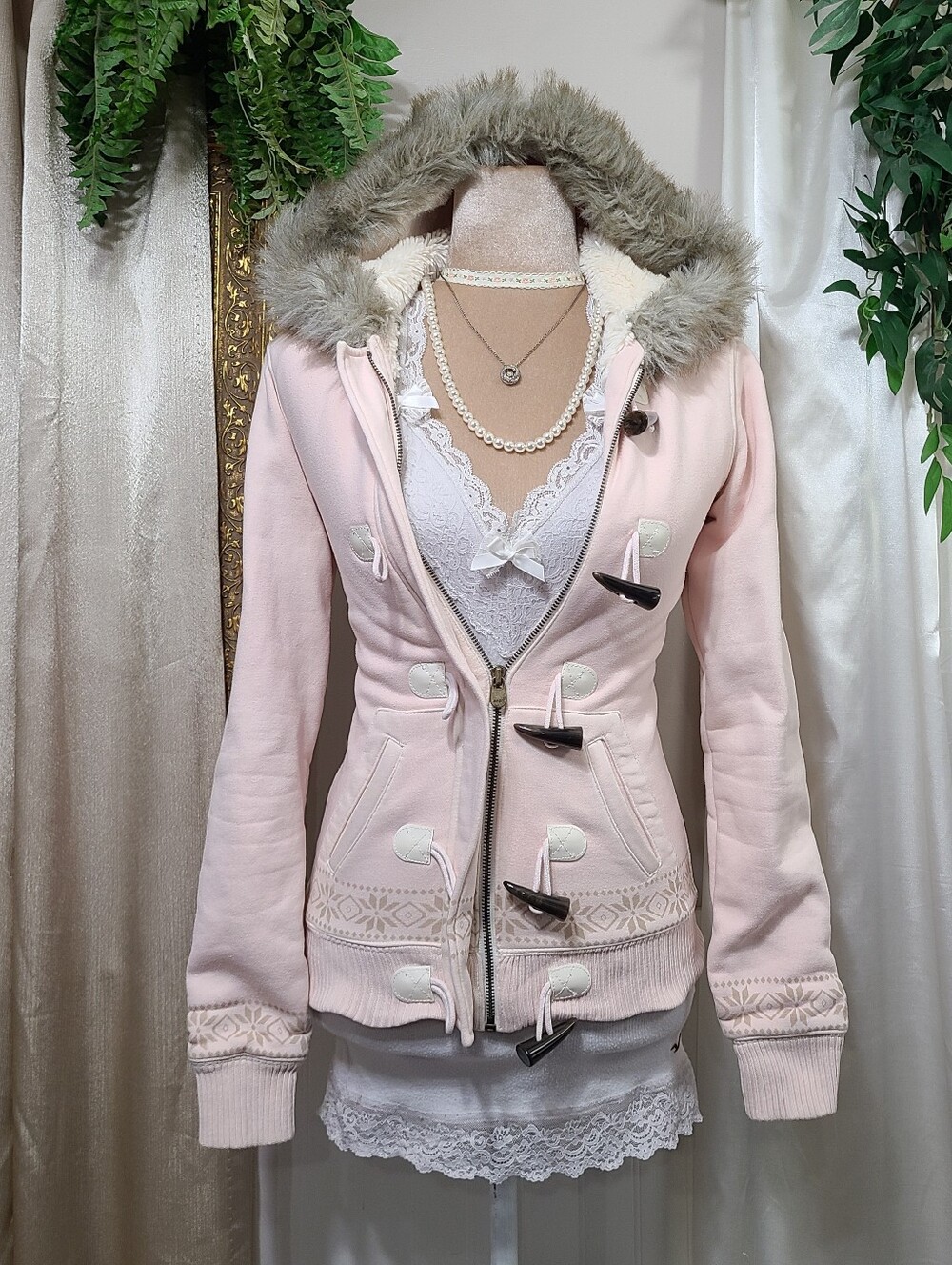 ♡ Y2K ♡ Aeropostale Baby Pink Faux Fur Trimmed Hood Furry Lining Babydoll Jacket